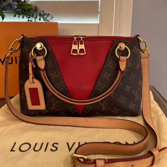 Louis Vuitton Monogram Canvas Red Leather V Tote Two-Way Handbag Purse - Picture 15 of 15